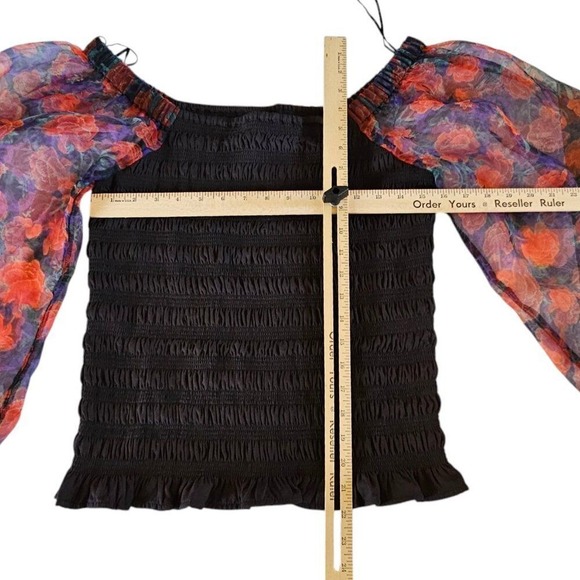 Calligraphie Rosette Floral‎ Puff Sleeve Tube Smocked Blouse Shirt Size Medium - Picture 6 of 6